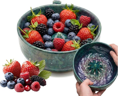 2026 Self Spinning Ceramic Berry Washing Bowl with Drain Holes, 360 Degree Fruit Swirl Colander with Center Cone, Automatic Quick Kitchen Rinse Washer for Berries Vegetables & Fruit Serving