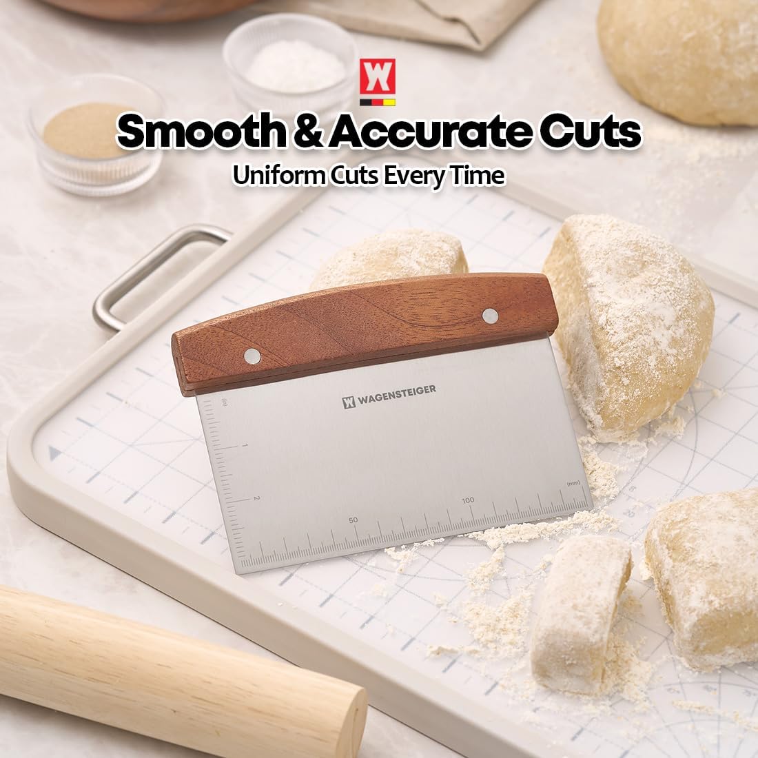 Stainless Steel Dough Scraper with Wooden Handle | Bench Scraper for Bread & Pizza Dough, Pastry Cutter, Chopper | Heavy-Duty Baking Tool for Kitchen Prep, Griddle Cleaning & Pastry Making