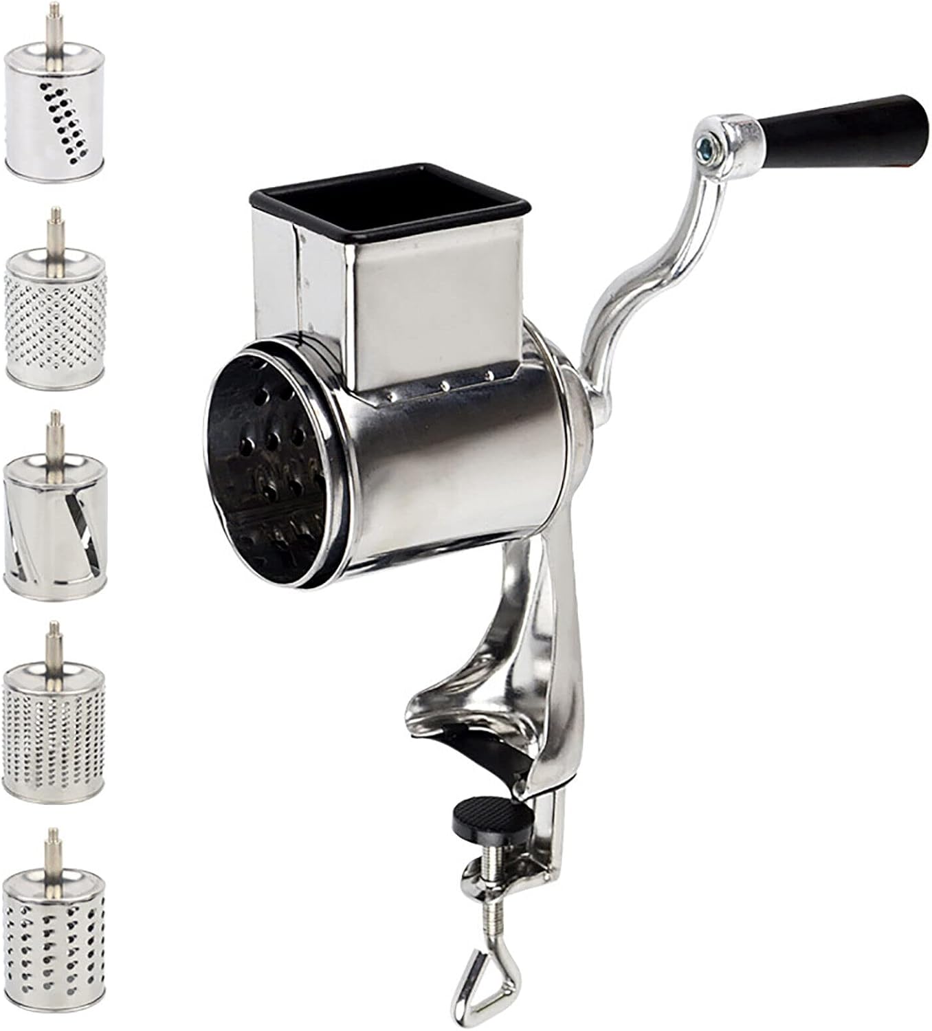 DYNAMI 5 in 1 Stainless Steel Rotary Grater,Kitchen Grater Vegetable Slicer,Cheese Rotary Chopper Food Mills With 5 Stainless Drum,for Home Kitchen Restaurant (Clamping type,Silver)