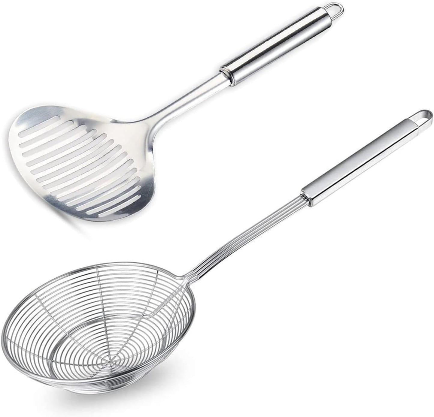 Multi Kitchen Utensil Stainless Steel Cooking Skimmer Slotted Fish Turner Spatula Spoon Colander Drain Water Filter Spoon Ladle Spider Strainer Skimmer Ladle for Cooking &Frying (2pcs)