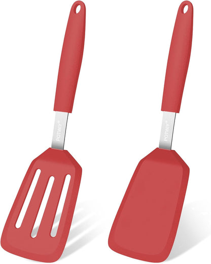 2 Pack Silicone Spatula Set, 600°F Heat Resistant Kitchen Spatula, BPA Free Solid & Slotted Turner, Flexible Cooking Utensils for Non Stick Frying Pan, Flipper for Eggs and Pancakes (Black)