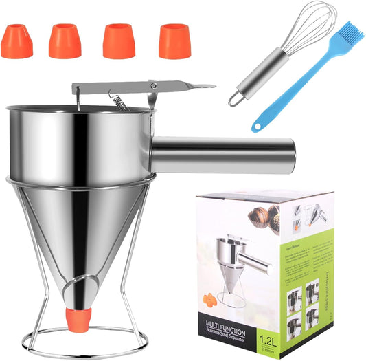 Pancake Batter Dispenser Funnel Cake Maker Cupcake Dispenser Funnel Cake Dispenser Stainless Steel Pancake Mix Dispenser with Squeeze Handle for Batter Baking Food and Candle Pouring, 40oz