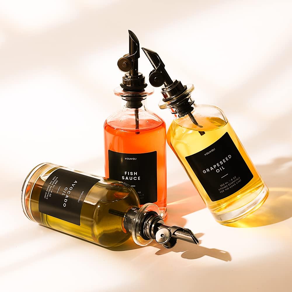 Molimoli - Premium Olive Oil Dispenser Bottles for Kitchen with Pourer - Oil and Vinegar Dispenser Set, Glass Dispenser for Kitchen, Dispenser Bottle of 350ml - Set of 2