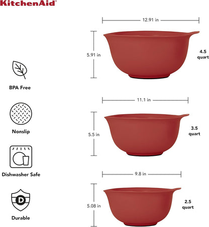 KitchenAid Universal Nesting Plastic Mixing Bowls, Set Of 3, 2.5 quart, 3.5 quart, 4.5 quart, Non Slip Base with Easy Pour Spout to Reduce Mess, Dishwasher Safe, Aqua Sky, White, Gray