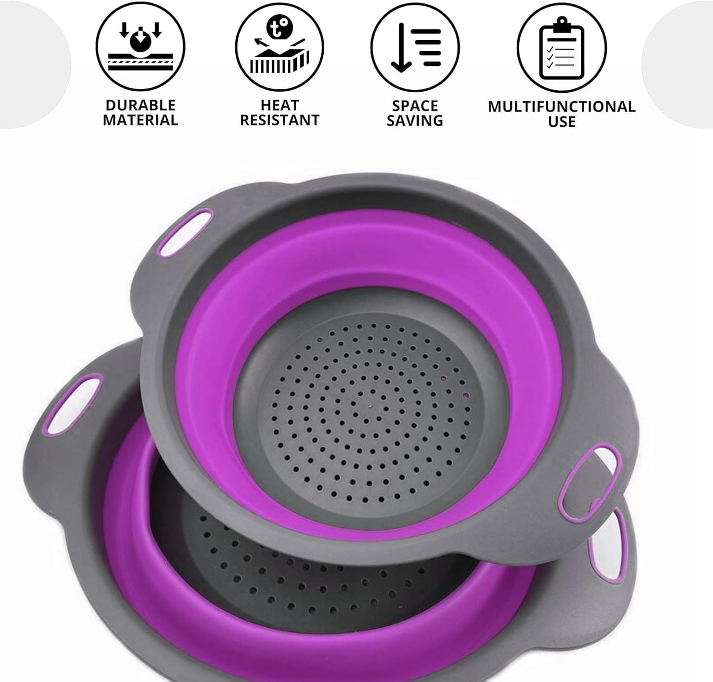 White Round Silicone Collapsible Colander – Silicone Round Kitchen Strainers with Plastic Handles Small Foldable Kitchen Strainer Perfect for Draining Pasta Vegetable and Fruit