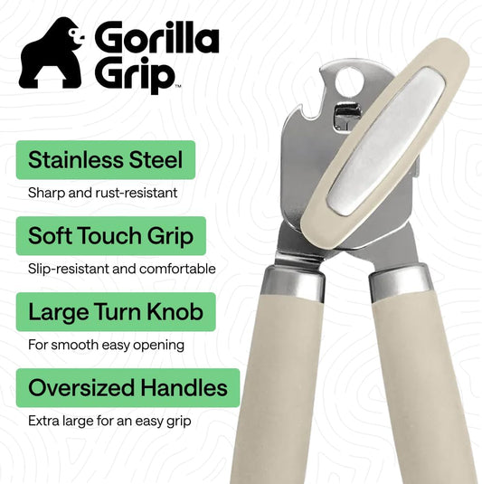 GORILLA GRIP Heavy Duty Stainless Steel Smooth Edge Manual Can Opener and Bottle Openers, US Designed, Soft Comfortable Handle, Oversized Handheld Turn Knob, Multifunctional Kitchen Tool, Black