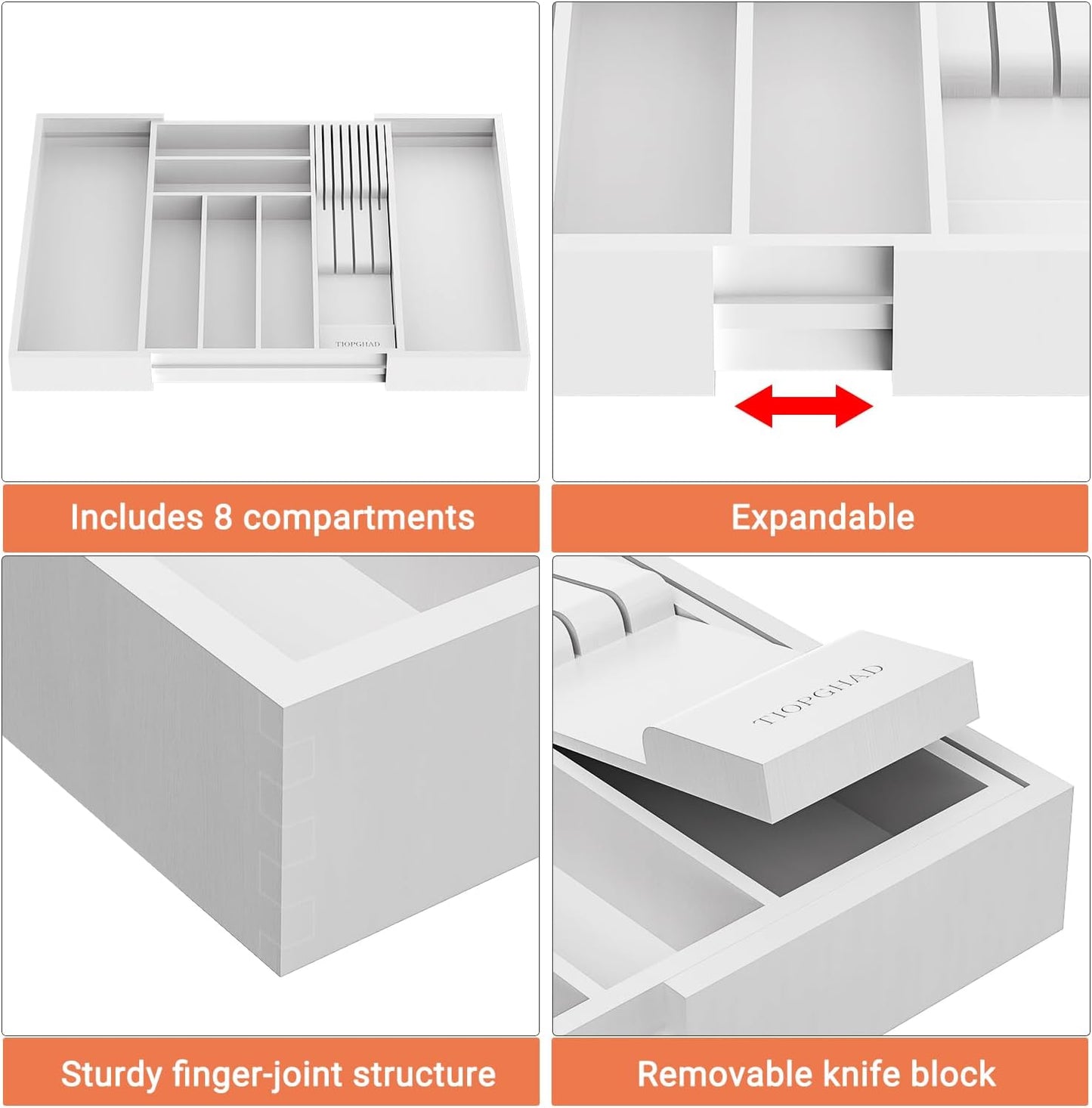 TIOPGHAD Small-Bamboo-Silverware-Drawer-Organizer, Expandable Utensil Kitchen Cutlery Tray Flatware Organization Adjustable Wood Tableware Dividers Storage (with Removable Knife Block)(Natural)