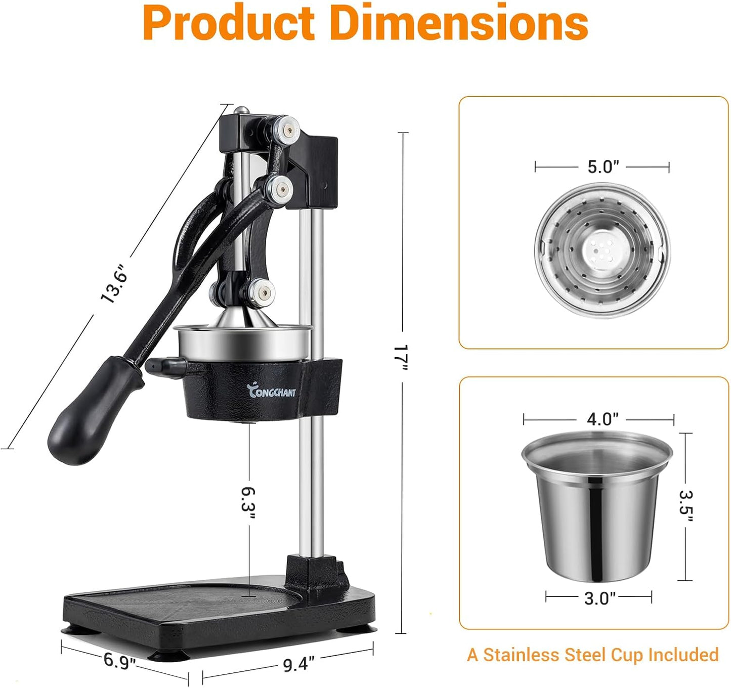 TONGCHANT Manual Juicer, Heavy Duty Cast Iron Juicer | Hand Press Juicer for Orange Lemon Lime Pomegranate & Citrus Fruits, High Leverage for Easy Juicing, Stainless Steel Cup, Easy to Clean, Black