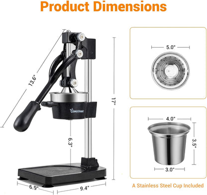 TONGCHANT Manual Juicer, Heavy Duty Cast Iron Juicer | Hand Press Juicer for Orange Lemon Lime Pomegranate & Citrus Fruits, High Leverage for Easy Juicing, Stainless Steel Cup, Easy to Clean, Black