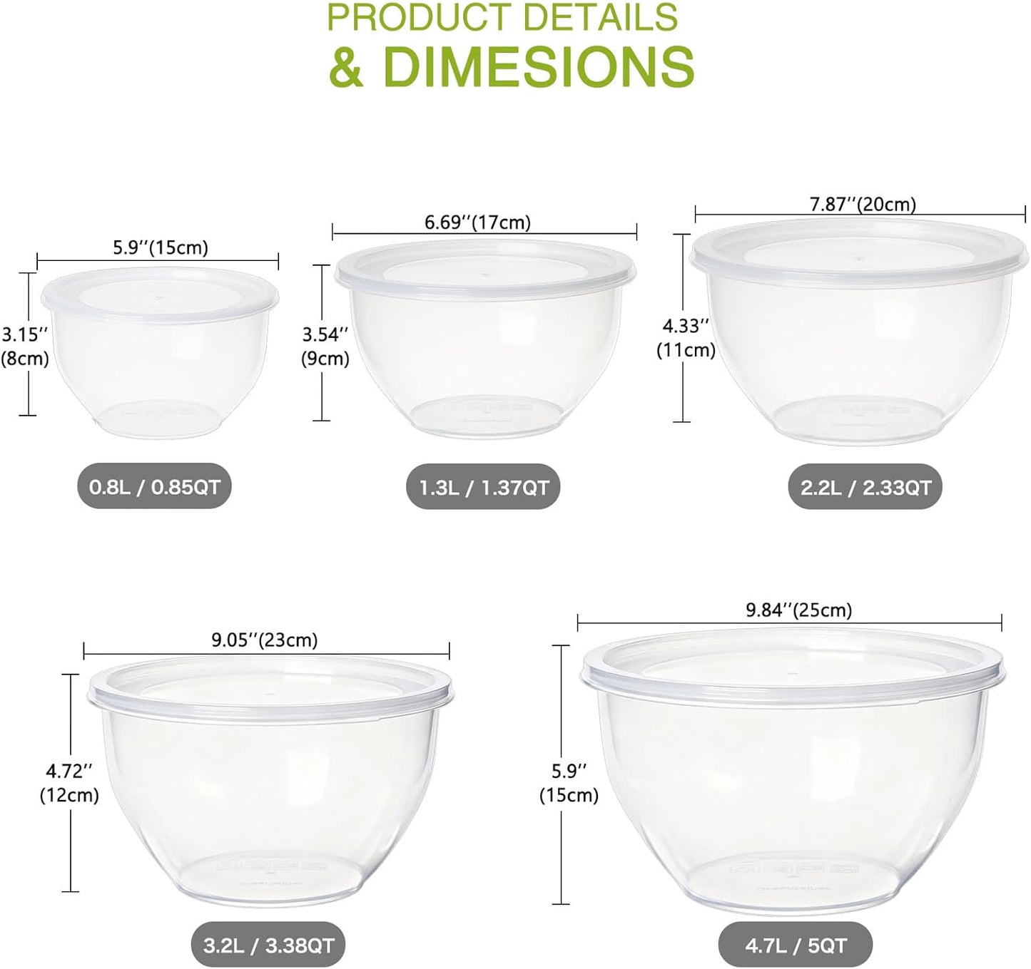 Greentainer Plastic Mixing Bowls with Lids Set for Kitchen, 5 Set Nesting Bowls for Mixing, Baking, Prepping, Cooking and Serving Food, Mixing Bowls Dishwasher, Microwave Safe