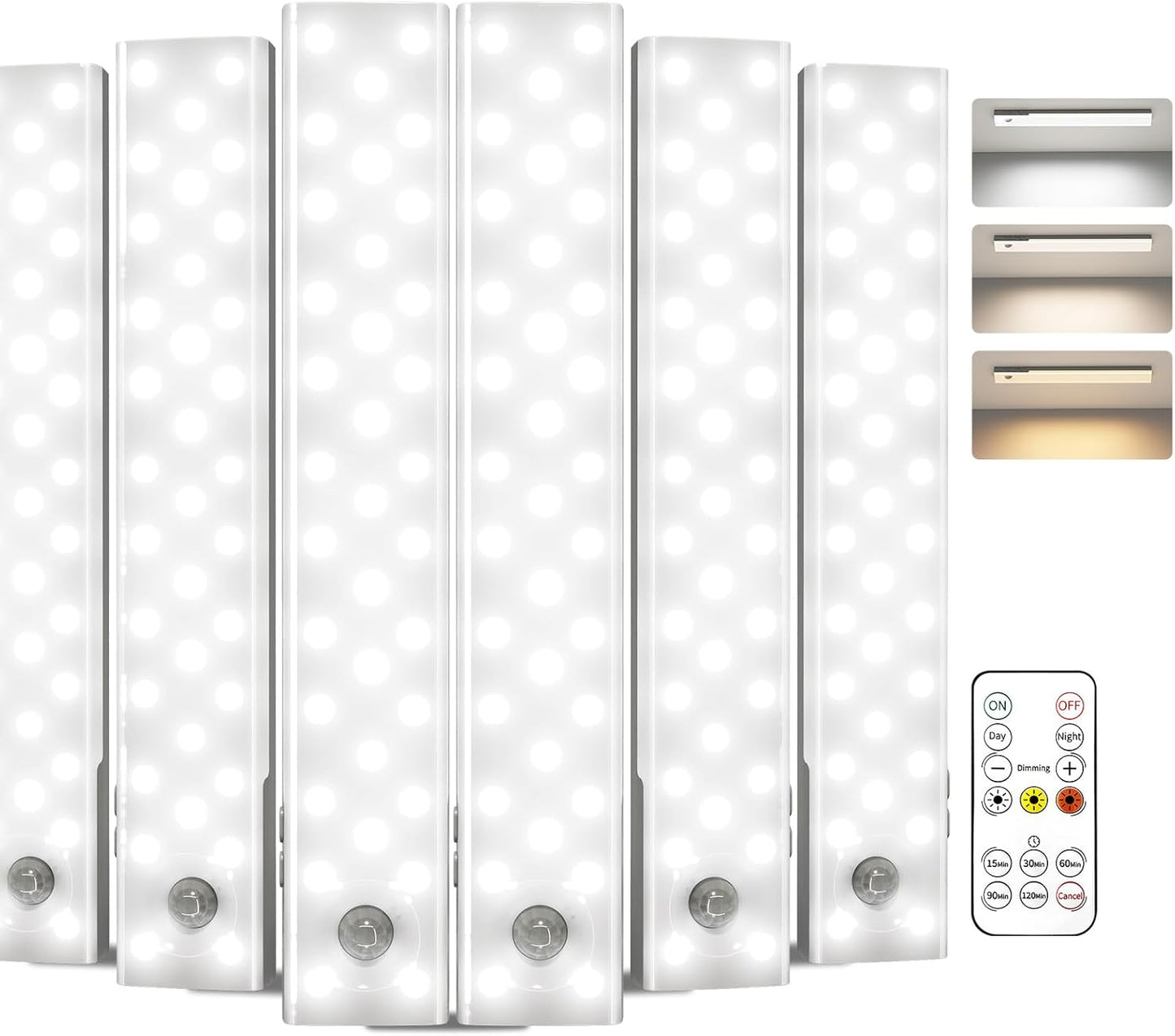 EZVALO 3-Pack Under Cabinet Lighting, 2000mAh Rechargeable Wireless Motion Sensor Lights, 62LEDs, 3 Color Temps, Dimmable, Timer, Magnetic, with Remote Control for Kitchen, Closet, Stair