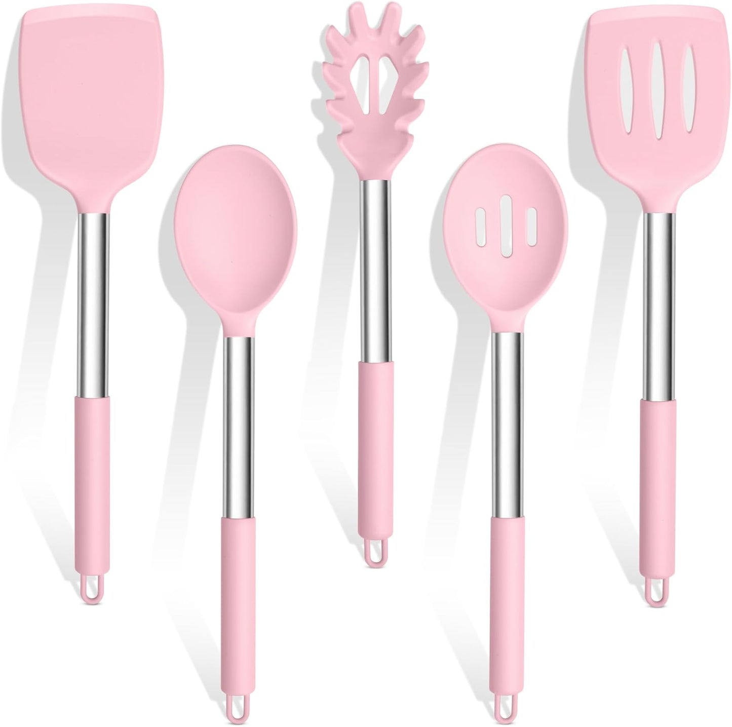 TeamFar Cooking Utensils Set, 5 PCS Silicone Kitchen Utensils with Stainless Steel Handle, for Nonstick Cookware Flipping Frying Turning Draining, Heatproof & Healthy, Nonstick & Easy Clean, Black