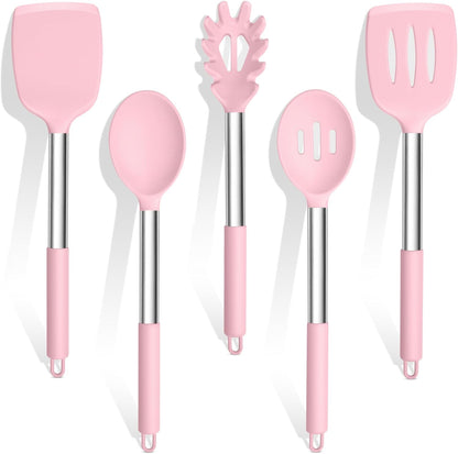 TeamFar Cooking Utensils Set, 5 PCS Silicone Kitchen Utensils with Stainless Steel Handle, for Nonstick Cookware Flipping Frying Turning Draining, Heatproof & Healthy, Nonstick & Easy Clean, Black