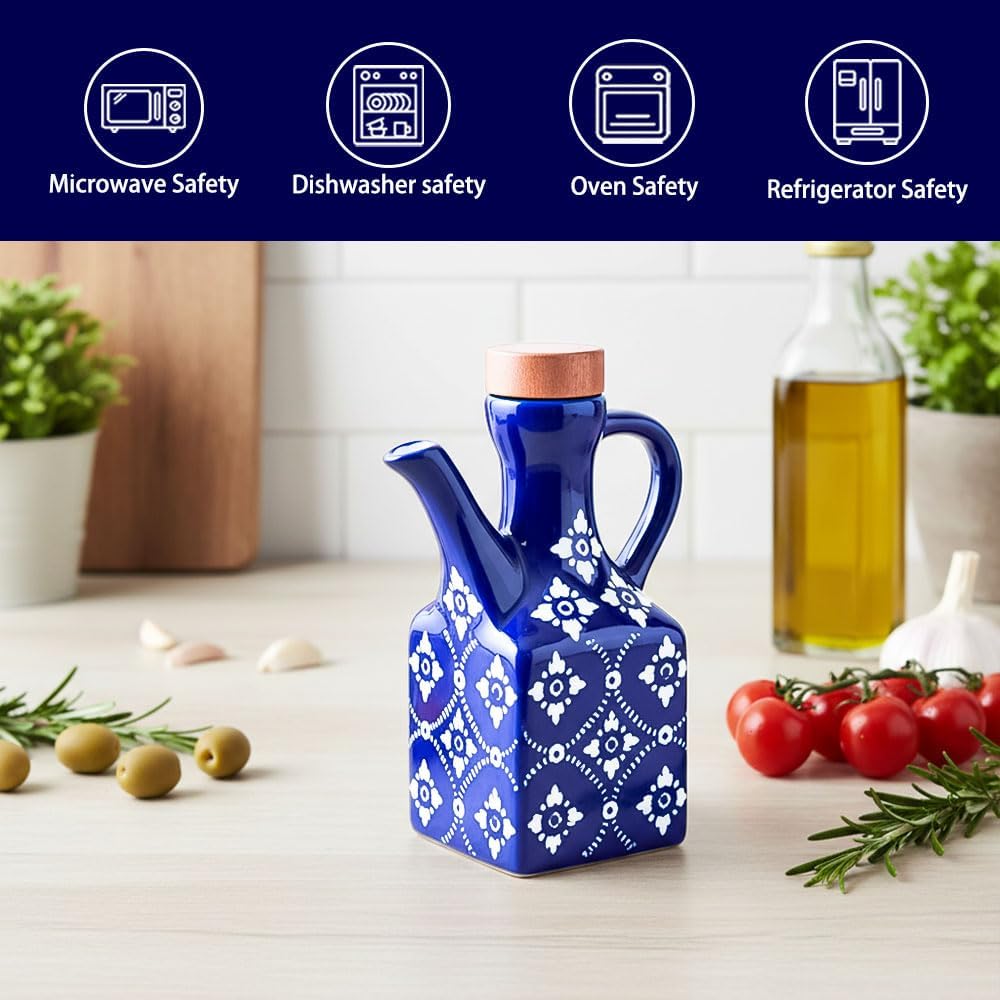 Ceramic Olive Oil Dispenser Bottle, 8.5 oz Decanter for Kitchen with Handle & Wooden Stopper, Green Decorative Oil and Vinegar Dispenser Set, Cooking Oil Container Cruet for Olive, Avocado, Vinegar