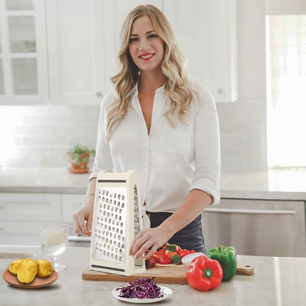 Cheese Grater Handheld - Double Sided Reversible Box Grater with Storage Container,Stainless Steel Blades for Cheese,Vegetables,Ginger,Garlic