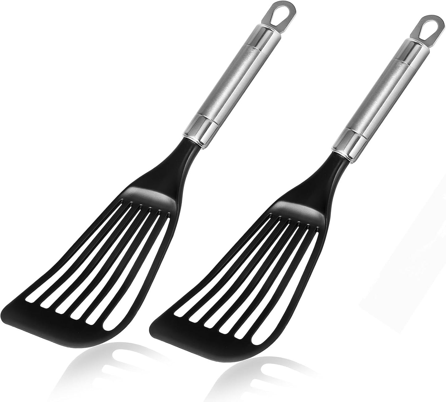 KSENDALO Thin Flexible Nylon Fish Spatula for Nonstick Cookware Fish Spatula Egg Flipper Hollow Steel Handle, LFGB Certified Nylon Thin Blade Sturdy Hollow Handle Dishwasher Safe- Silver/Black