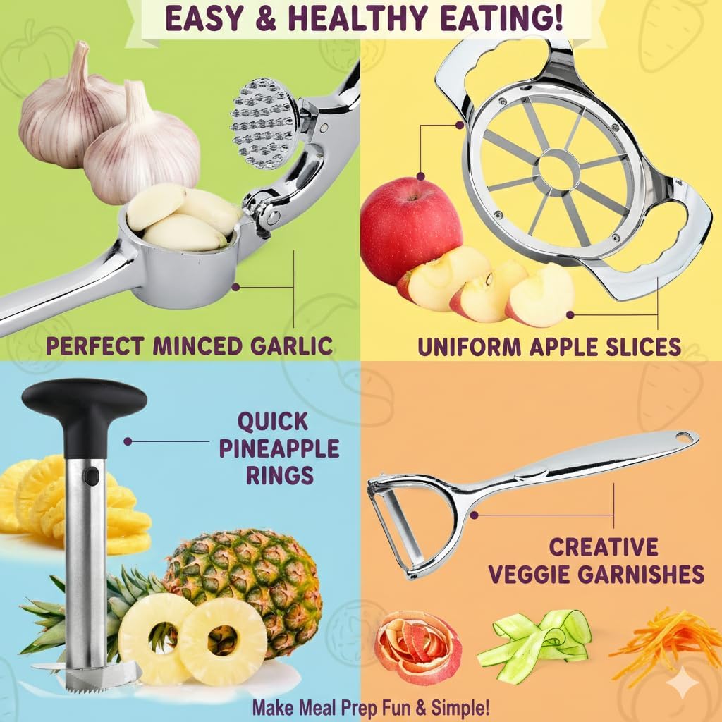 Ultimate Kitchen Tool Set of 4 – Pineapple Corer, Apple Slicer, Peeler & Garlic Crusher | Multifunctional Stainless Steel Gadgets for Fruit & Vegetable Prep | Easy-to-Use, Time-Saving Gift Set.