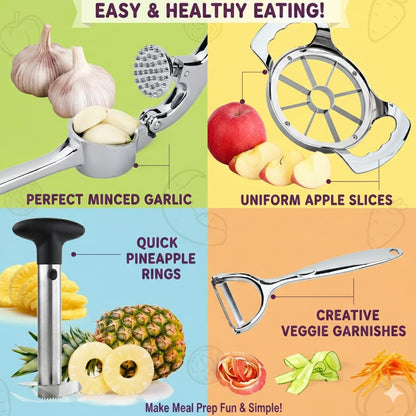 Ultimate Kitchen Tool Set of 4 – Pineapple Corer, Apple Slicer, Peeler & Garlic Crusher | Multifunctional Stainless Steel Gadgets for Fruit & Vegetable Prep | Easy-to-Use, Time-Saving Gift Set.