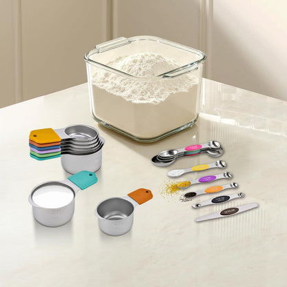 16-Piece Magnetic Measuring Cups and Spoons Set, Stainless Steel with Non-Slip Silicone Handles and Leveler, Essential Kitchen Baking Tools (Multicolor)