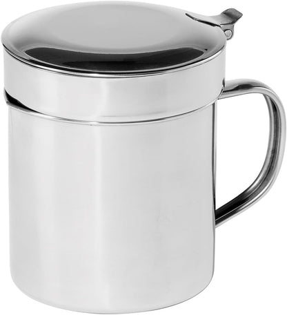 Oggi Stainless Steel Jumbo Grease Container with Removable Strainer and Snug Lid. Perfect container for fryer oil, bacon drippings, lard and ghee oil. Large capacity can - 1 Gall / 4 Qt / 3.75 Lt