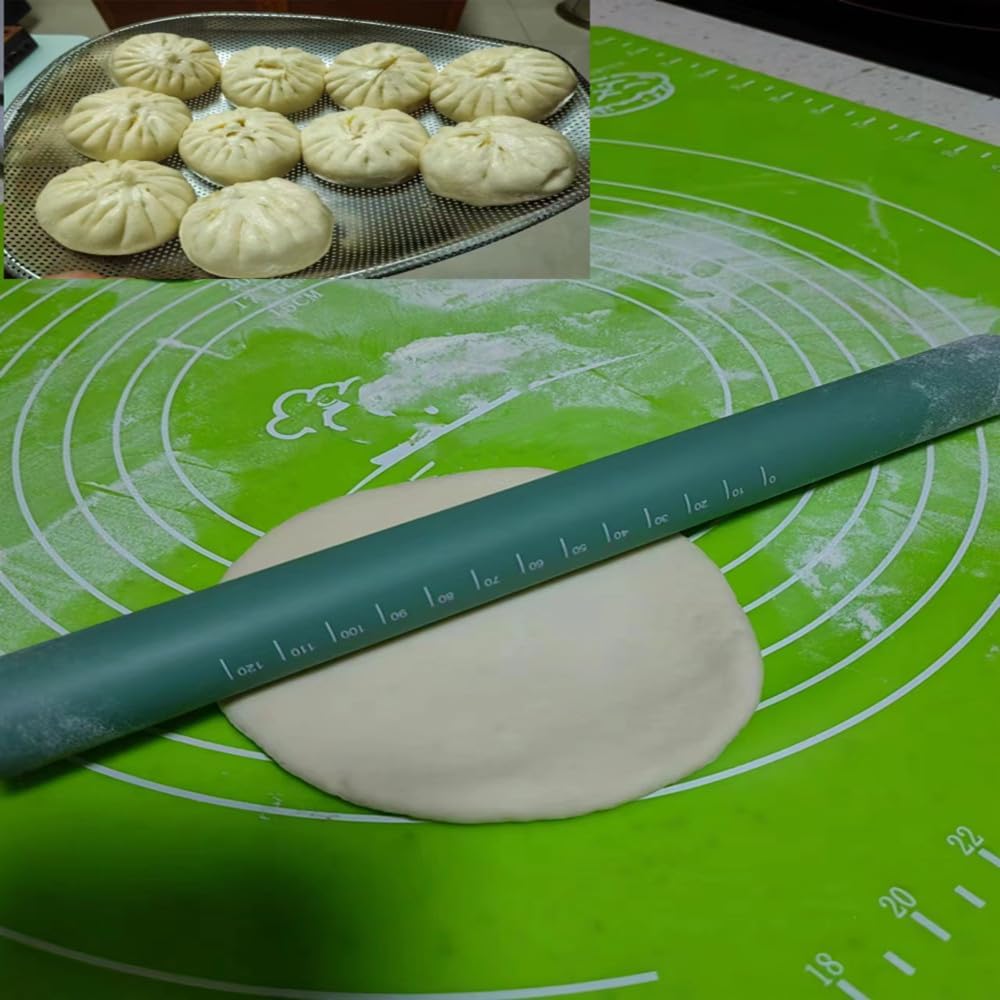 Small stainless Steel Inner Core Silicone Rolling Pin Non-stick Dough Roller (Green)