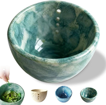 Herb Stripper Bowl, 2026 New Ceramic Herb Stripper with 4 Sizes of Round Holes, Efficient Herb Peeling Cup for Kitchen (White, Resin Version)