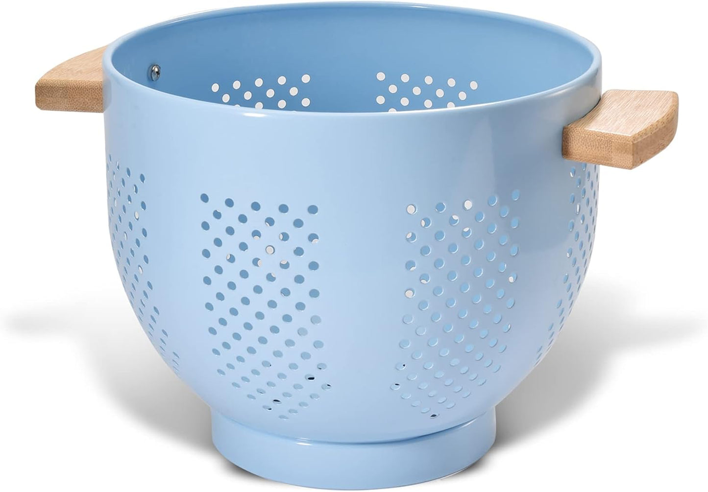 Metal Colander with Wood Handle and Stable Base, 5.5 Quart Powder Coated Steel Kitchen Strainer Basket for Draining Pasta, Vegetable and fruit,Cream
