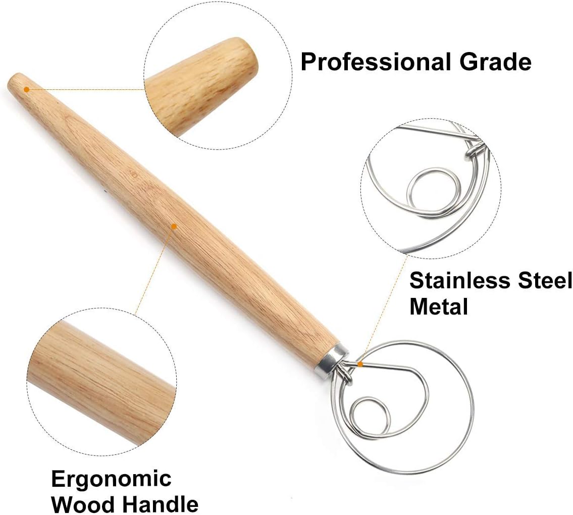 Danish Dough Whisk Bread Making Tools Stainless Steel Danish Dough Hook Bread Dough Mixer Hand Bread Dough Whisk for Pastry, Baking Cake, Dessert, Sourdough, Pizza, with Wooden Handle, 13 inch