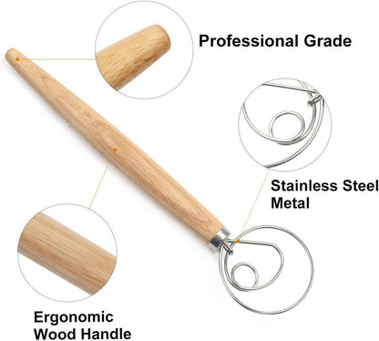 Danish Dough Whisk Bread Making Tools Stainless Steel Danish Dough Hook Bread Dough Mixer Hand Bread Dough Whisk for Pastry, Baking Cake, Dessert, Sourdough, Pizza, with Wooden Handle, 13 inch