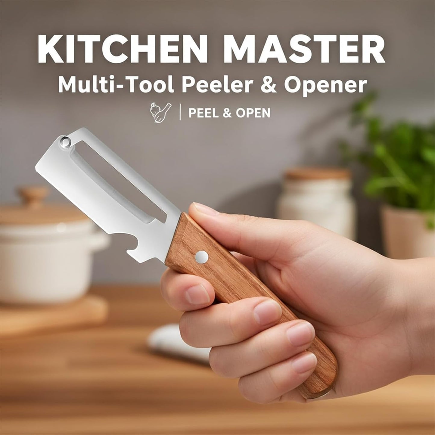 Sakerplus Multifunctional Vegetable Peeler with Wooden Handle and Bottle Opener, 2-in-1 Stainless Steel Blade, Contour-Flow for Kitchen Prep, Camping, Apple Potato Pumpkin Papaya Peeling