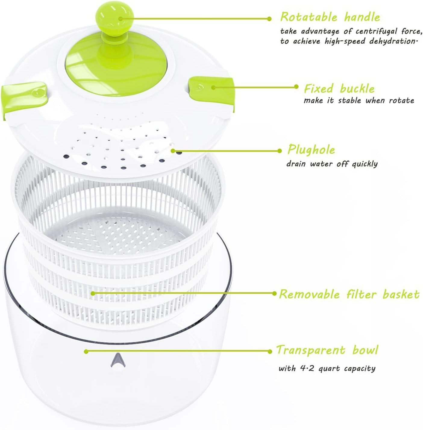 HUJI Salad Spinner and Mandoline Multifunctional Set, Vegetable Dryer With 6 Blades and Pouring Spout - 4L (2PK)