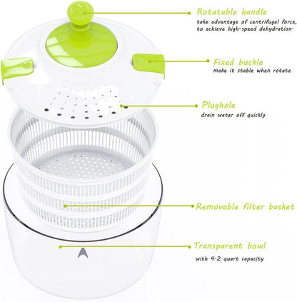 HUJI Salad Spinner and Mandoline Multifunctional Set, Vegetable Dryer With 6 Blades and Pouring Spout - 4L (2PK)