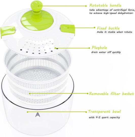 HUJI Salad Spinner and Mandoline Multifunctional Set, Vegetable Dryer With 6 Blades and Pouring Spout - 4L (2PK)