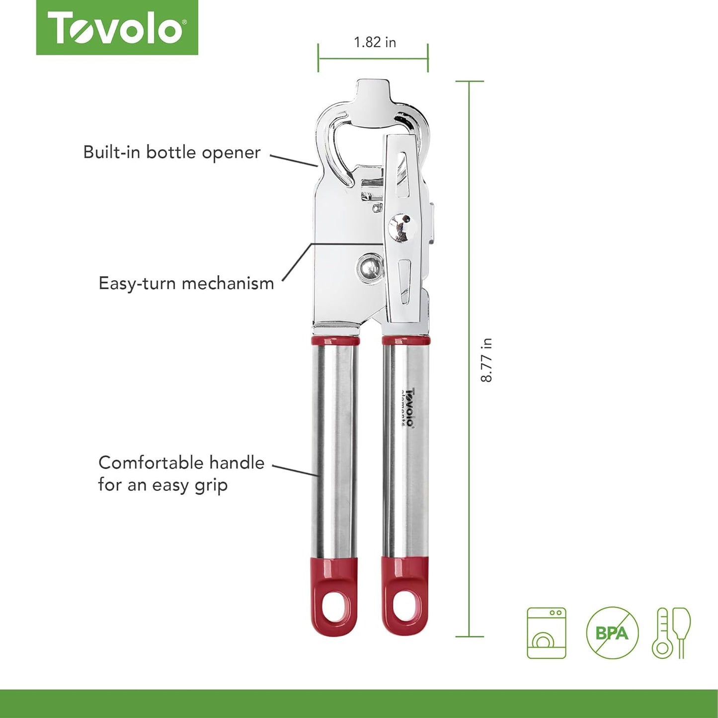 Tovolo Can Opener Manual Heavy Duty 2 in 1 Stainless Steel with Bottle Opener Kitchen Tool Easy Turn Handle Charcoal Gray, Smooth Edge Safe Cut No Sharp Edges Manual Hand Held Can Opener for Tin Cans