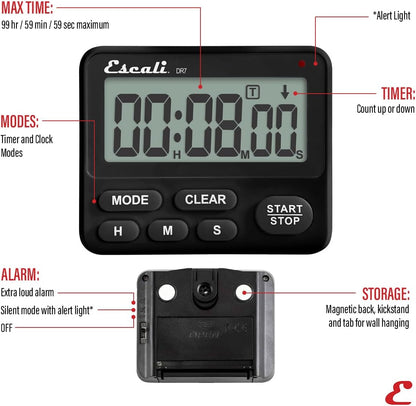 Escali Extra Loud Display Digital Kitchen Timer with Clock Mode, Recall Timer Magnetic Back