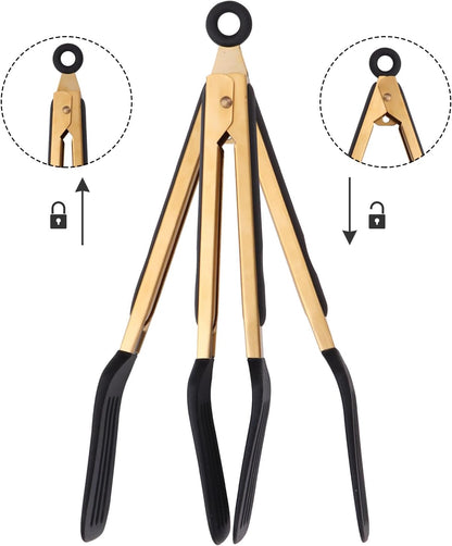 Stainless Steel Classic Kitchen Serving Food Party Gold Tongs 9" and 12" Cooking Tong with BPA Free Silicone Tips, Dishwasher Safe Serving Tools(set of 2)