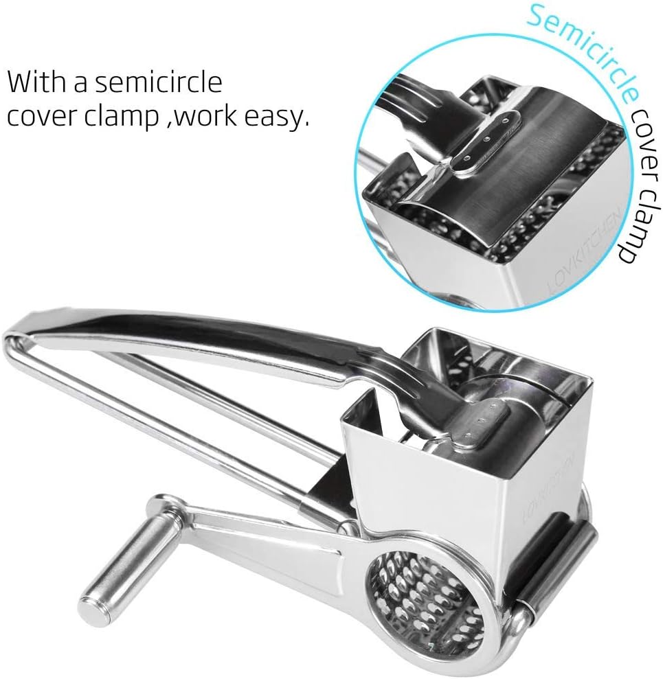 Stainless Steel Rotary Cheese Grater, Hand Crank Cheese Shredder Multifunction Rotatable Cheese Cutter Kitchen Slicing Tool for Hard Cheese, Chocolate & More