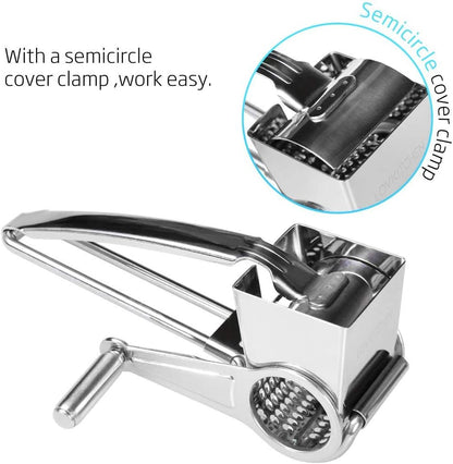 Stainless Steel Rotary Cheese Grater, Hand Crank Cheese Shredder Multifunction Rotatable Cheese Cutter Kitchen Slicing Tool for Hard Cheese, Chocolate & More