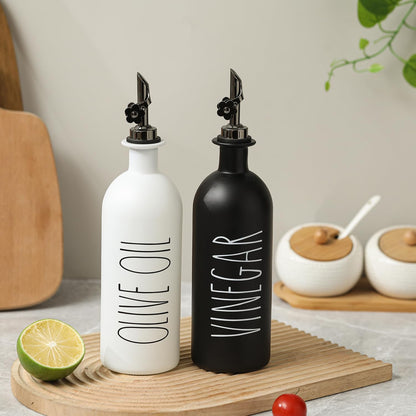 HOMCDALY Premium Olive Oil Dispenser for Kitchen, 11.8oz Glass Oil Bottles with Bamboo Tray, White and Gold Oil&Vinegar Cruet Set, Kitchen Dispenser Bottles with Pourer| Set of 2 (11.8oz –P–Gold)