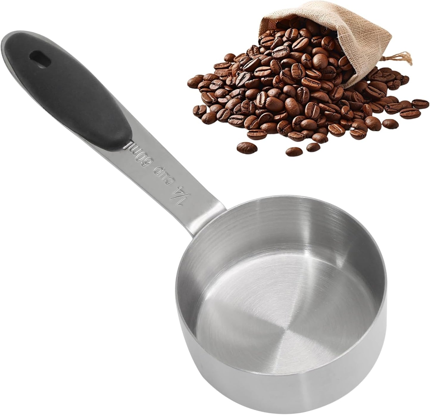 1/4 Cup Measuring Cup, 60 ML Stainless Steel Coffee Measuring Scoops, Single Metal Coffee Scoop with Black Silicone Handle