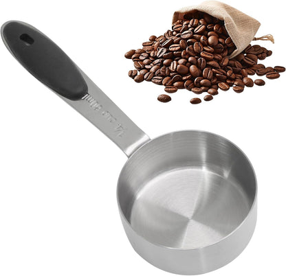 1/4 Cup Measuring Cup, 60 ML Stainless Steel Coffee Measuring Scoops, Single Metal Coffee Scoop with Black Silicone Handle