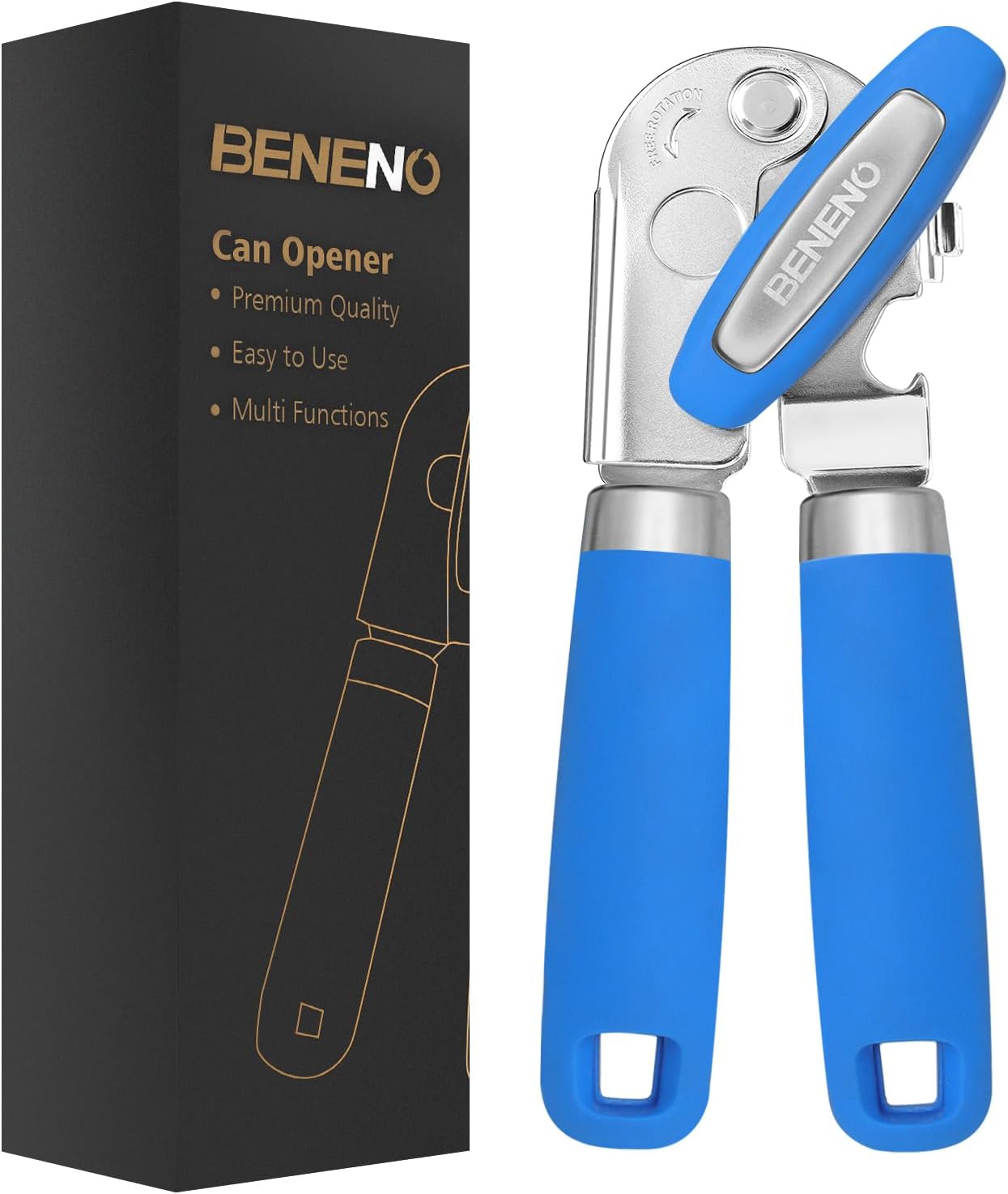 Beneno Heavy Duty Hand Can Opener Manual with Magnet, Durable Sharp Carbon Steel Blade Smooth Cutting, Big Effort-Saving Knob & Soft Grip Handle, Multifunctional Kitchen Tool with Bottle Opener, Green