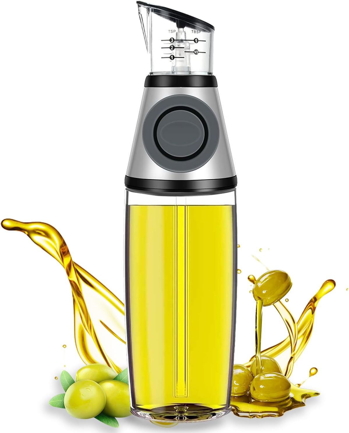 Oil Dispenser Bottle, 17oz Olive Oil Dispenser Oil Sprayer, Clear Glass Refillable Oil and Vinegar Dispenser Bottle with Measuring Scale Pump for Kitchen, Cooking, Salads, Baking Frying