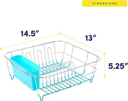 Dish Drying Rack & Cutlery Holder 2 Piece Set - Compact Sink-Fitting Dish Drainer with Rubberized Undercoating, Space-Saving Kitchen Organizer for Plates, Cups, Bowls & Utensils in Sink, Silver