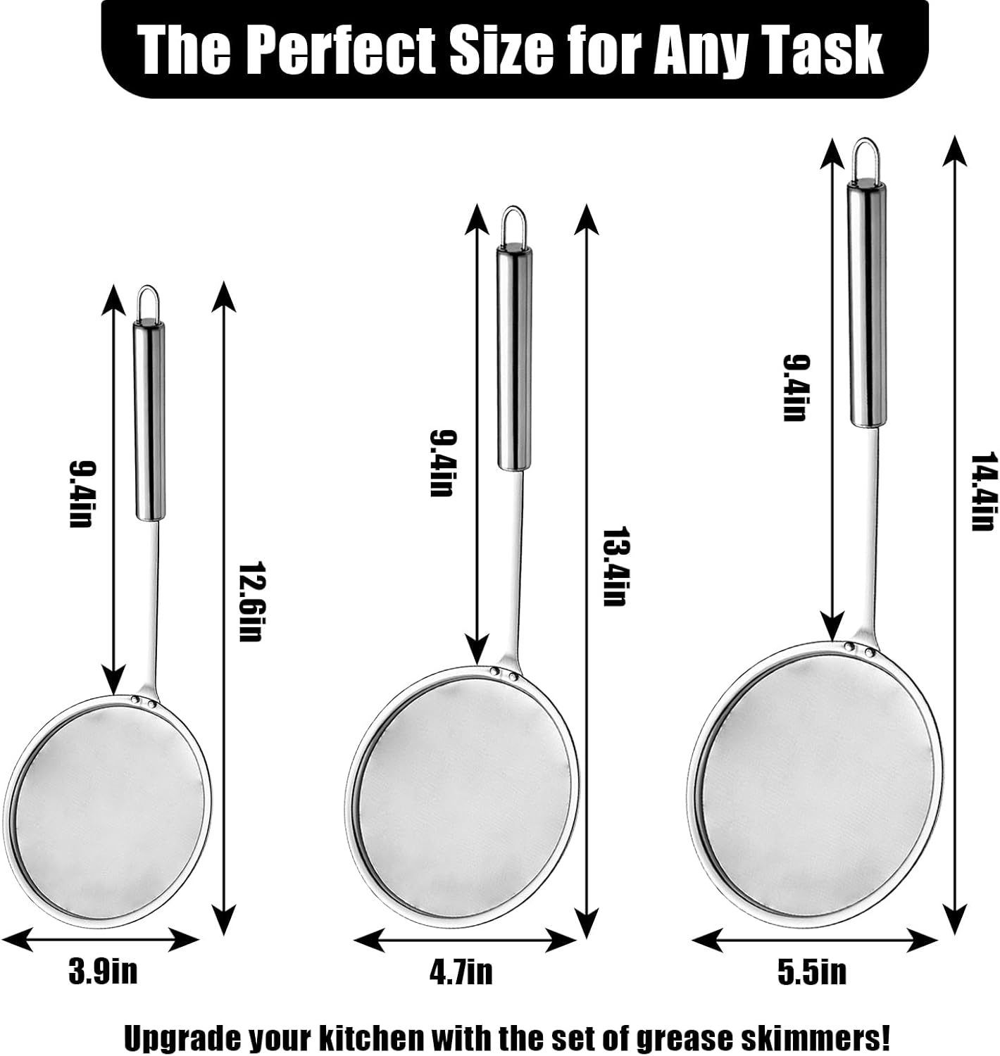 Stainless Steel Fat Skimmer Spoon 4”Multi-Functional Fine Mesh Hot Pot Grease Strainer with 9.4” Heat-Resistant Handle For Frying, Soup, Quinoa, Miso