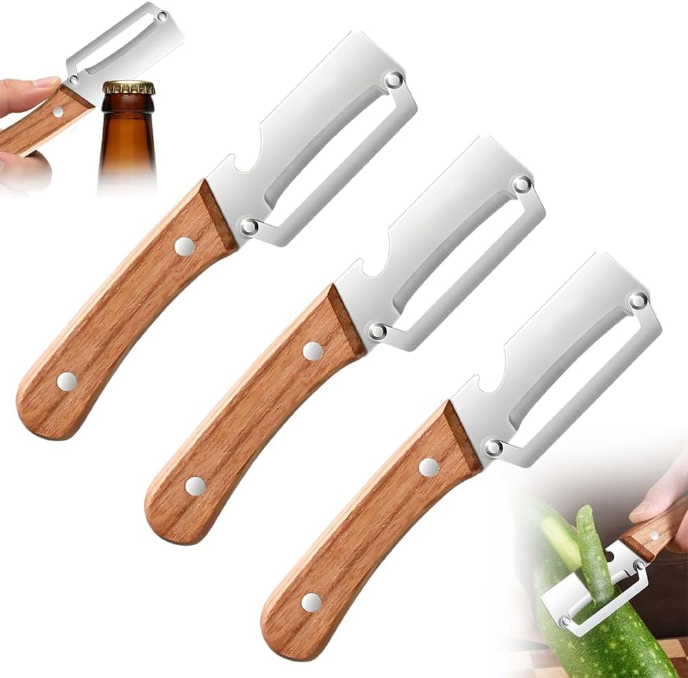 Premium Vegetable Peeler with Wooden Handle and Bottle Opener: 2-in-1 Stainless Steel Kitchen Tool for Fruit Apple Potato Pumpkin Papaya (2 PCS)