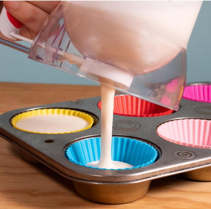 Leilanis Breadleaf Batter Dispenser for Pancakes, Waffles, Cookies, Cakes, Set 6 pcs Griddle BreakFast Kit Egg Rings and Oil Brush 4 Cup Capacity (Red)