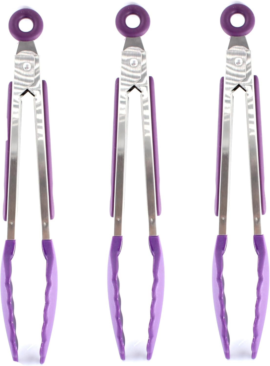 Septe 7Inch Mini Silicone Kitchen Tongs for serving food, Small Serving Tongs with Silicone Tips, Set of 3 (Purple)