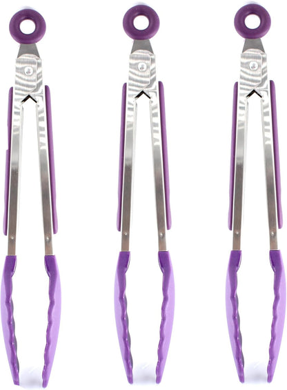 Septe 7Inch Mini Silicone Kitchen Tongs for serving food, Small Serving Tongs with Silicone Tips, Set of 3 (Purple)