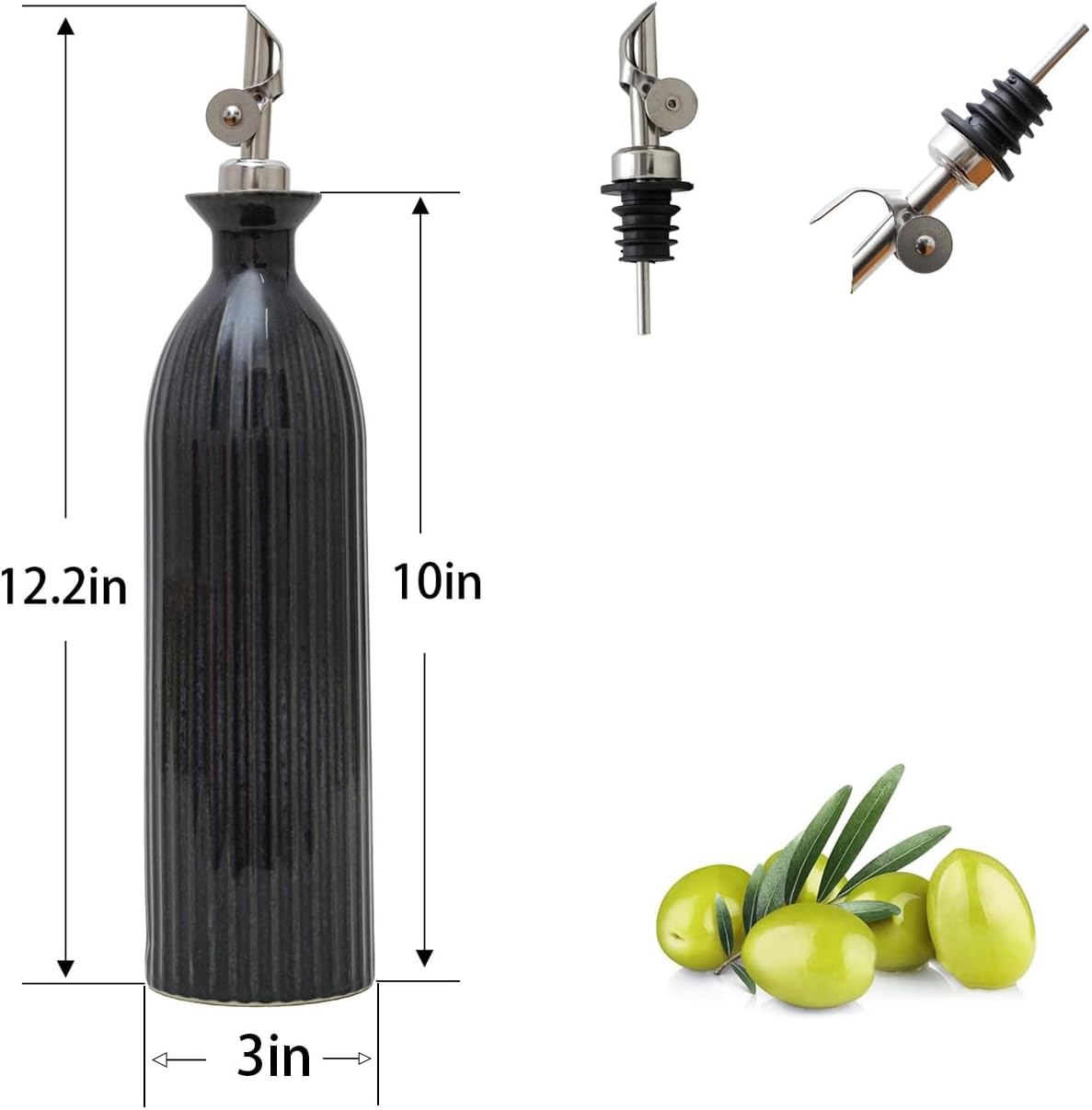 17 oz Ceramic Olive Oil Bottle Dispenser for kitchen with Stainless Automatic Spout, Stoneware 500ml Oil, Vinegar, Soy Sauce, Coffee Syrup, and Liquids container - Deep Gray-Blue
